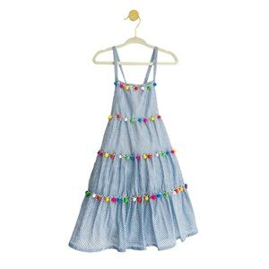 Maggie & Zoe Kids Girls 4T Blue Striped Dress with Colorful Pom Poms - LIKE NEW